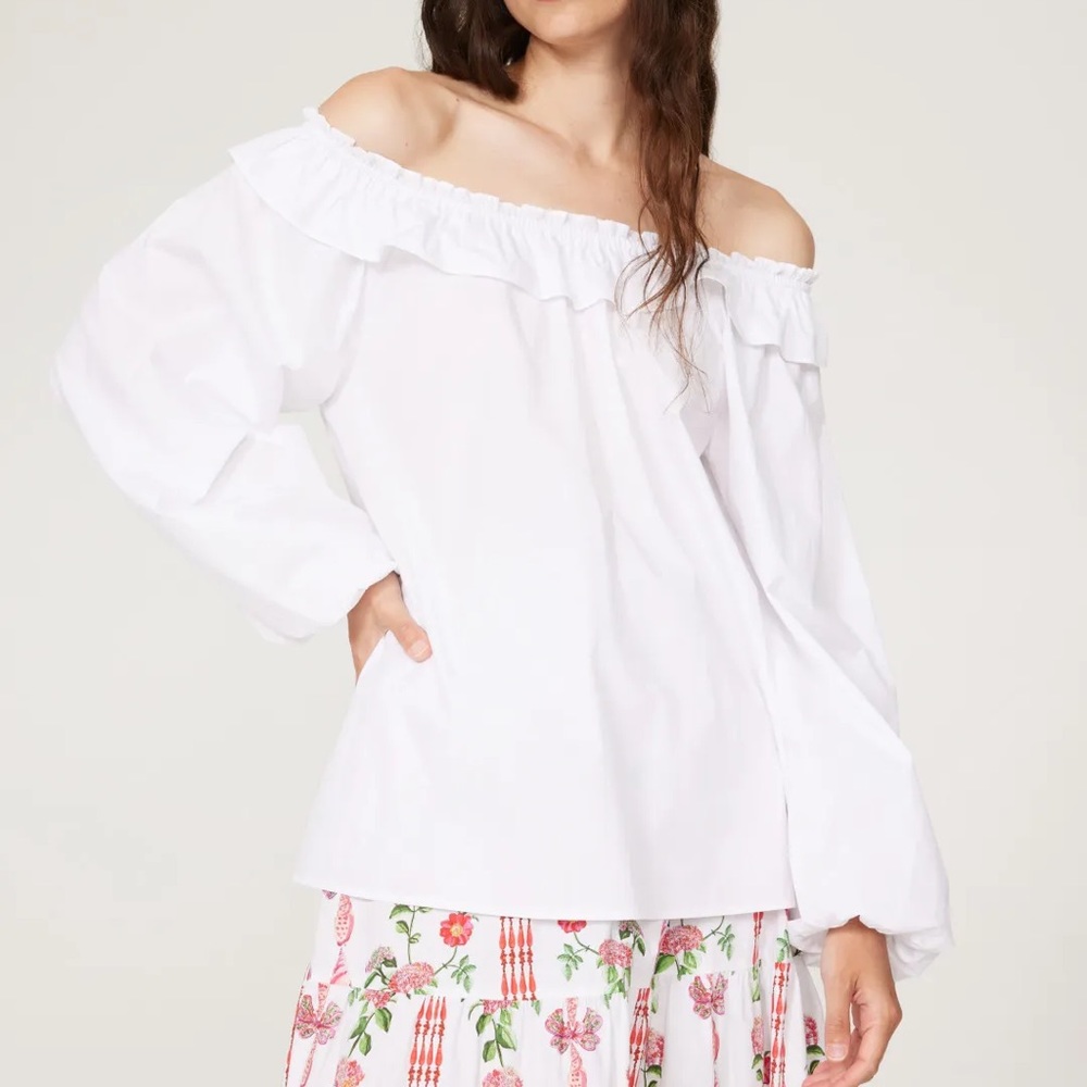Hill House White Poplin Off-Shoulder Ruffled Parachute Sleeve Top - Picture 5 of 13